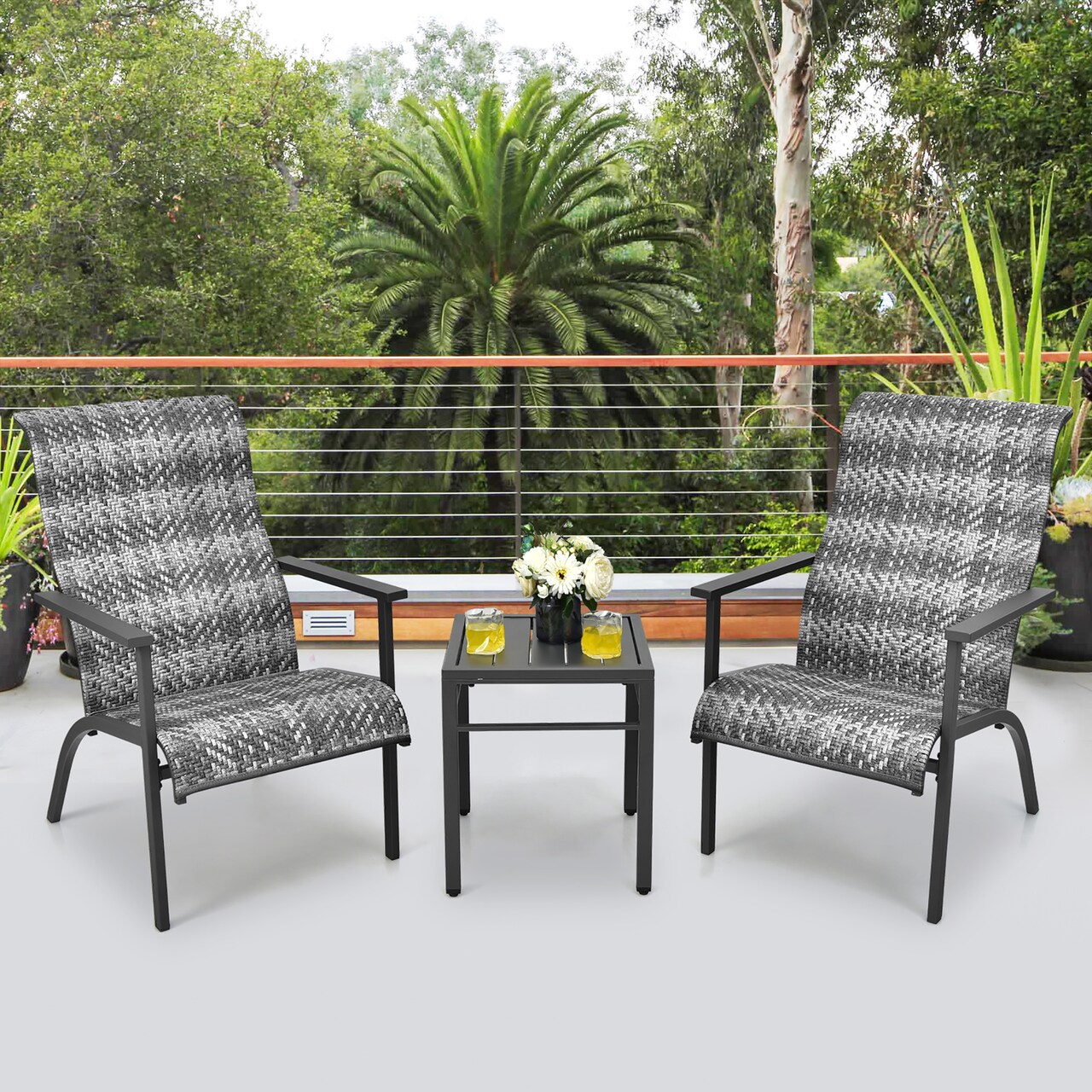 Costway 3 PCS Patio Rattan Bistro Set High Backrest Armrest SideTable Mix Gray\Mix Brown